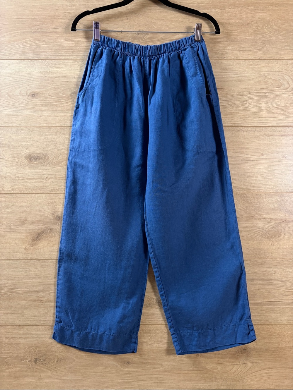 Mosaic 100% Linen Wide Leg High Rise Crop Pants Blue Elastic Waist Casual XS/S
